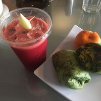 Veggie burrito lunch with juice at Nokturne in Houston