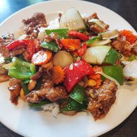Drunken noodles with vegan chicken at Veganic Thai Cafe in San Diego