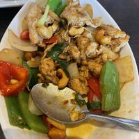 Cashew nut stir fry with soy chicken   at Veganic Thai Cafe in San Diego