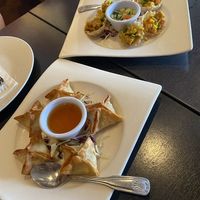 Different vegan appetizers (flower cups, cheese crab rangoons)   at Veganic Thai Cafe in San Diego