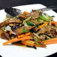 ginger stir fry with mock duck  at Veganic Thai Cafe in San Diego