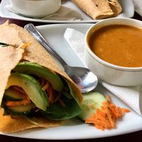 Avocado cucumber wrap with tomato soup, and grilled veggie wrap at Fountain Head Health Food in Fergus
