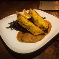 Soy steak w/ baked potatoes & apple calvados  green pepper corn cream sauce at Zest in Leipzig