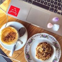Lovely selection of food! Here we have the cranberry muffin (so moist) and almond milk cappuccino at Cafe Dei Campi in Montreal