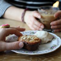Bostock, lemon scone, and iced coffee at Cafe Dei Campi in Montreal