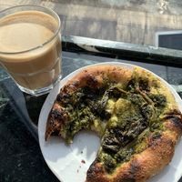 Pesto pizza and oat latte!   at Cafe Dei Campi in Montreal