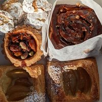 Amarettis, tarte à la noix, sticky bun, feuilleté à la poire at Cafe Dei Campi in Montreal