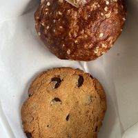 Brioche Venezania (rhubarb compote and cream) & chocolate cookie  at Cafe Dei Campi in Montreal