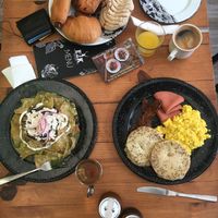 Desayuno americano y chilaquiles verdes. Delicioso! at Vegan Ville in Mexico City