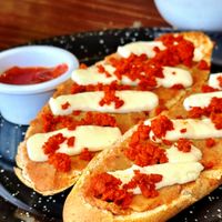 Molletes con chorizo   at Vegan Ville in Mexico City