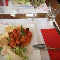 Fresella with tomatoes and vegan cheese slices at Pasta Factory in Manchester