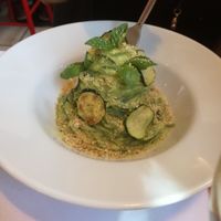 Pasta with courgette, cashew cream, basil and vegan parmesan at Pasta Factory in Manchester