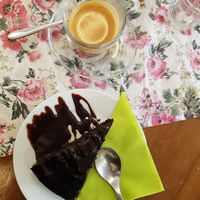 Vegan chocolate cake and espresso at Pasta Factory in Manchester