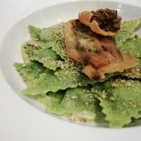 Spinach and potato triangoli with deep fried courgette flowers at Pasta Factory in Manchester