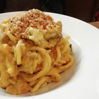 Pumpkin buccatini at Pasta Factory in Manchester