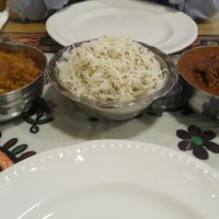Mains: Ringan no-oro (aubergine), Onion Jeera Rice, Kidney Bean Saak at Vegetarian Food Studio in Cardiff