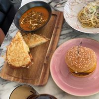 Mind Melt w/ good soup, Carbonara & Dbl Cheeseburger. They all were very good! 😋🙌🏽🖤  at Kindred in San Diego