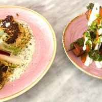 Chimichurri skewer and crab cakes at Kindred in San Diego