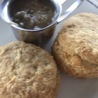 Buttermilk biscuits and mushroom gravy  at Kindred in San Diego
