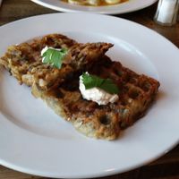 Hash brown waffles at Wild Rice Vegan Cafe in Watertown