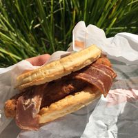 ‘Chicken’ & Waffle Sandwich at Plant Power Fast Food - Ocean Beach in San Diego