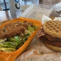 Chick’n and waffles, and chick’n Caesar  at Plant Power Fast Food - Ocean Beach in San Diego