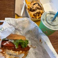 buffalo bomber, iconic fries, and thin mint shake  at Plant Power Fast Food - Ocean Beach in San Diego