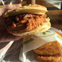 Chickun and waffle sandwich  at Plant Power Fast Food - Ocean Beach in San Diego