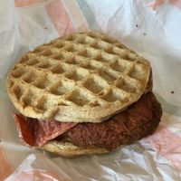 Chicken and waffle bacon sandwich  at Plant Power Fast Food - Ocean Beach in San Diego