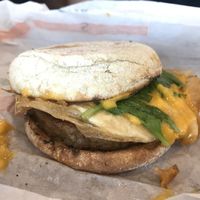‘Sausage, Egg & Cheese’ Muffin (with fried egg)  at Plant Power Fast Food - Ocean Beach in San Diego
