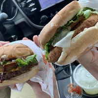 Left: Rambler burger. Right: Crispy chick'n sandwich. 😍 at Plant Power Fast Food - Ocean Beach in San Diego