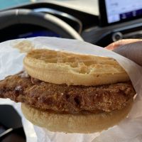 Chicken and waffle sandwich at Plant Power Fast Food - Ocean Beach in San Diego