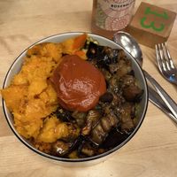 small bowl with two warm & two cold ingredients + a dip on top  at Sprout in Dresden