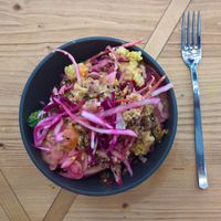 *Small* bowl at Sprout containing millet, broccoli, apricot, orange tempeh, peanut sauce and red cabbage. at Sprout in Dresden