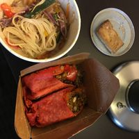 King Kong noodles with tofu and beautiful burrito for takeout $50.  Pricey.  But it was great food.  at Nourish Bistro in Banff