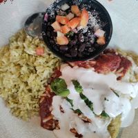 Vegan enchiladas with salsa roja / verde at Lola's - Retro Row in Long Beach