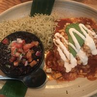 vegan red chicken enchiladas (can get with vegan green sauce) at Lola's - Retro Row in Long Beach