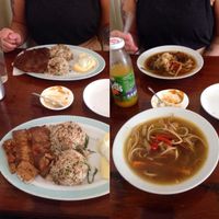 The set menu.
Left: The main course. Tofu/seitan with rice (filled with onion, green pepper, and little pieces of seitan), and potato with soy-based mayo.
Right: Soup starter. Noodles and vegetable with pieces of seitan. at Govinda in Arica