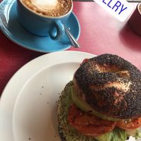 Vegan Bagel @ flat white with soy at The Bagelry  in Liverpool