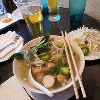 Pho Seafood with vegan shrimp, fish balls, and squid. at Fusion Restaurant and Bar in Riverside