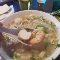 A close up of their vegan shrimp and fishball in their Pho Seafood. at Fusion Restaurant and Bar in Riverside