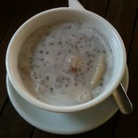 vegan Dessert, Khmer specialty: Chek Ktes (tapioca pearls, bananas, coconut milk Pudding) at My Little Cafe in Siem Reap