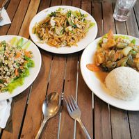 Vegan Lab, khmer fried short rice noodle with veg, eggplant and tofu with steamed rice at My Little Cafe in Siem Reap