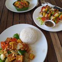 Tofu amok, Kung Pao tofu  and grilled tofu and veggies skewer. at My Little Cafe in Siem Reap