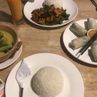 Tofu Pad Char, tofu green curry and fresh spring rolls at My Little Cafe in Siem Reap
