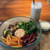 Vibrant bowl + iced Thai tea   at Sage in Ubud