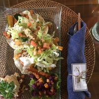 Tempeh tacos with chipotle cream sauce. Comes with a side of rice and beans and a corn and ube (?) salad. Cutlery comes with a cute inspirational card. at Sage in Ubud