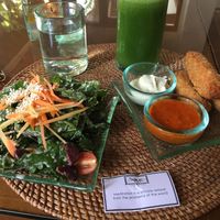 Kale salad (small portion), tempe buffalo wings with corn taco crust, and green vibe juice. at Sage in Ubud