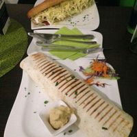 Cheese Hot Dog and Tofu Hummus Wrap at Cafe Grun in Graz