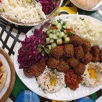 Falafel plate with falafel, tahini cream, Hoummus an three kinds of salad at L'as du Fallafel in Paris